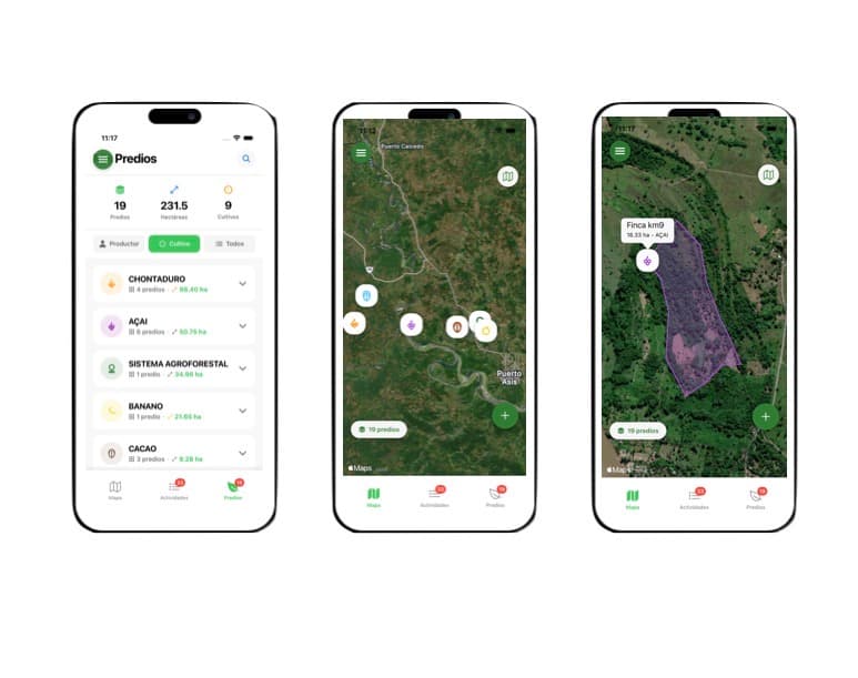 Pantallas de la app para seguimiento de actividades en campo